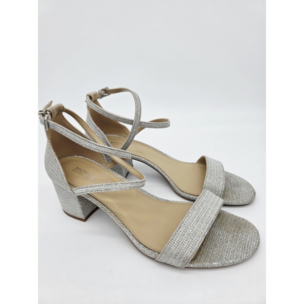 Michael Kors Serena Flex Ankle Strap Dress Sandals Women 8.5M Block Heel Silver